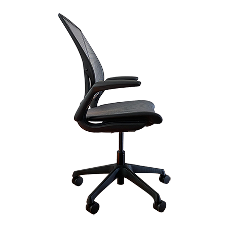 Humanscale World One Chair, Adjustable Duron Arms, Black with Black Trim Base, Pinstripe Black Mesh